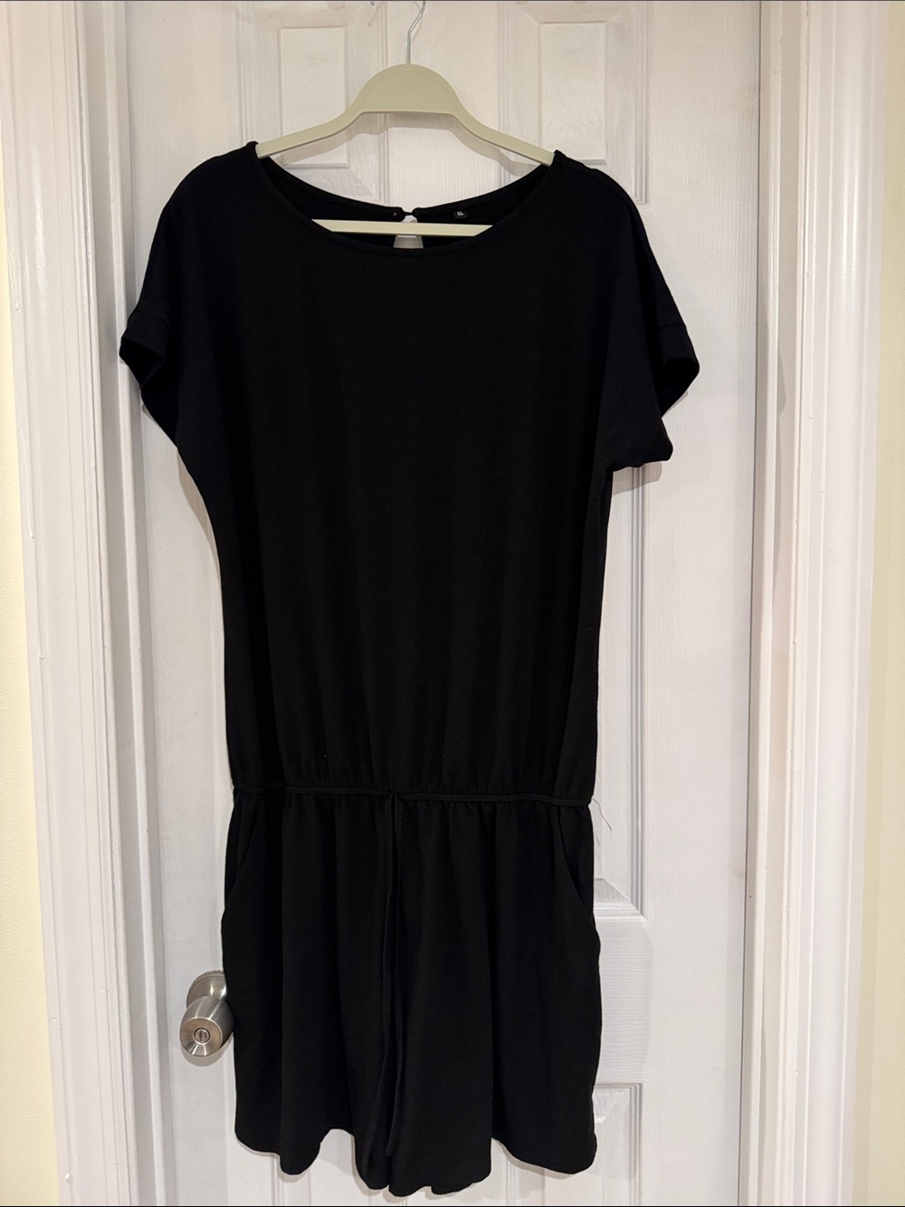 Black Short-Sleeve Romper with Drawstring Waist